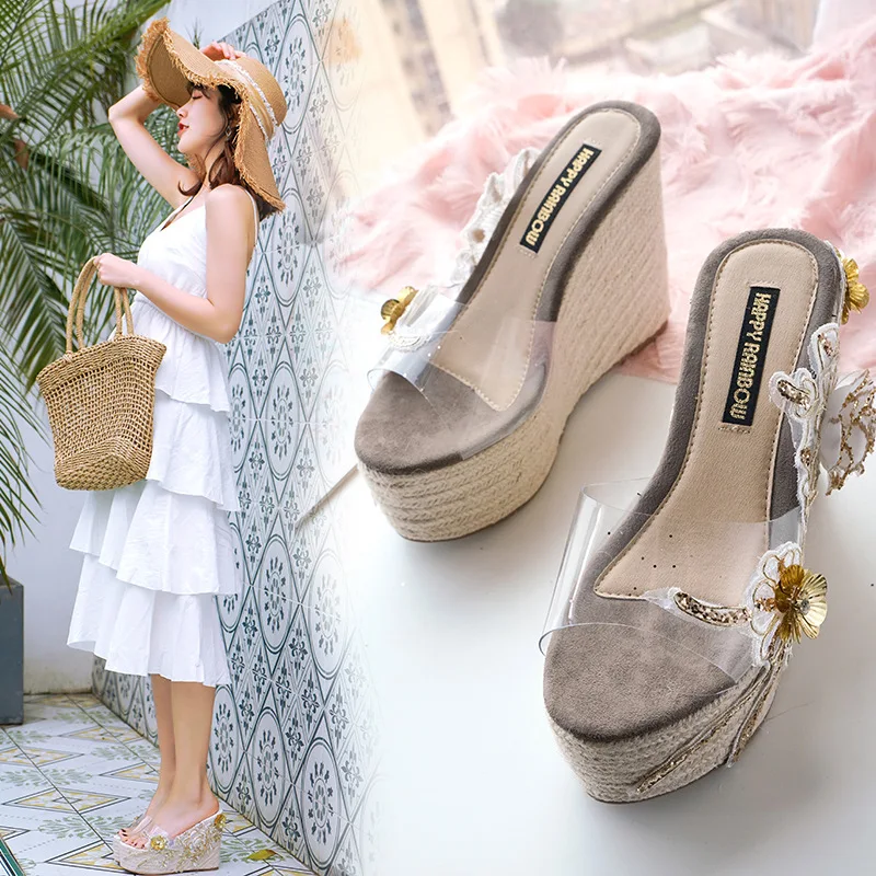 

Slippers Flower Summer Ladies Heels Clogs Platform Rubber Med New 2019 Leather Wedge Shoes Woman Water Slides Spring With
