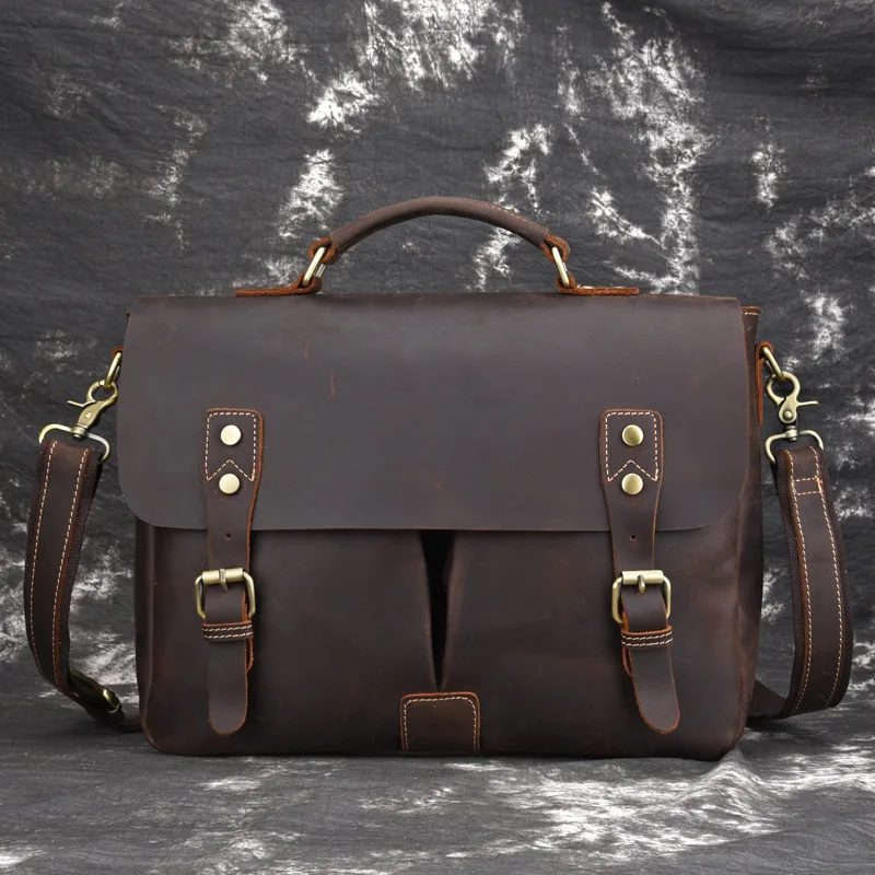 

Crazy Horse Genuine Leather 14' Briefcase Portfolio Men's Top-handle Handbag Tote Men Crossbody Shoulder Bags Male Messenger Bag