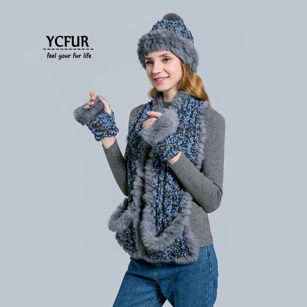 YCFUR Модные женские шапки, шарфы, наборы перчаток, Зимний вязаный кроличий мех ручной работы, шапка, шарф, перчатки, женские шарфы из натурального меха для женщин