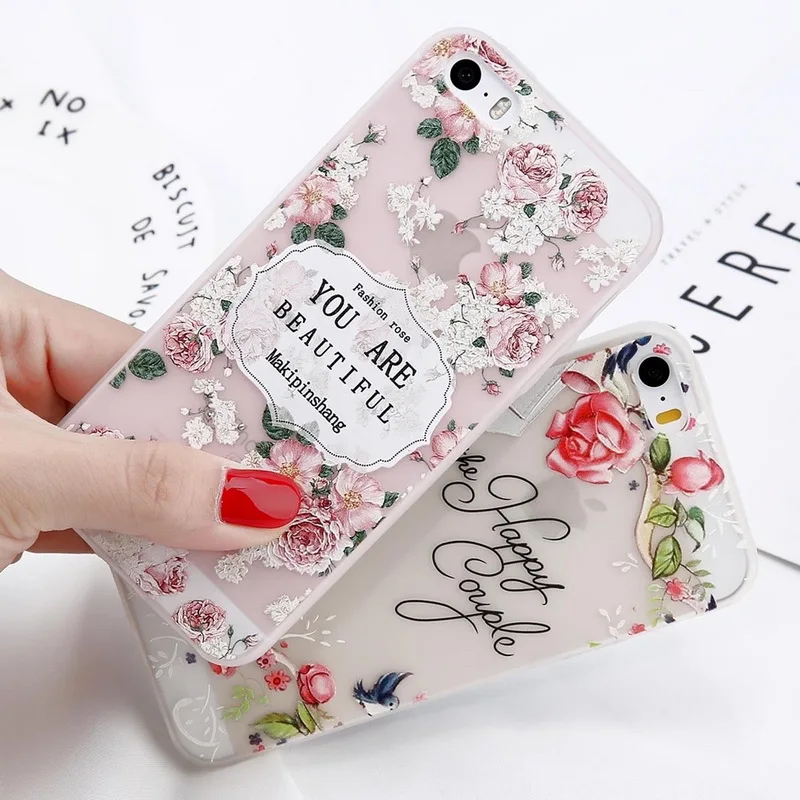 

Cute 3D Emboss Floral Phone Case For iPhone X 10 8 8Plus Clear Soft Silicon Back Cover for iPhone 6 6S 7 Plus 5 5S SE Girls Capa