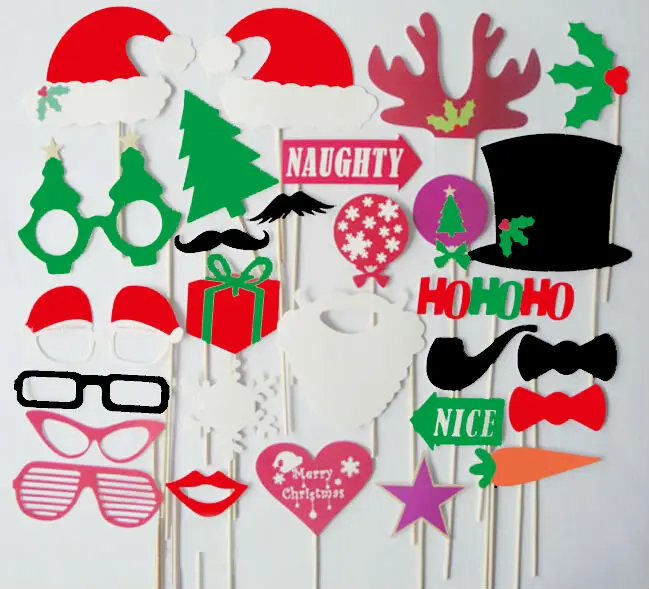 

28pcs Christmas Photo Booth Props Moustache Lips on A Stick Supplies Decoration