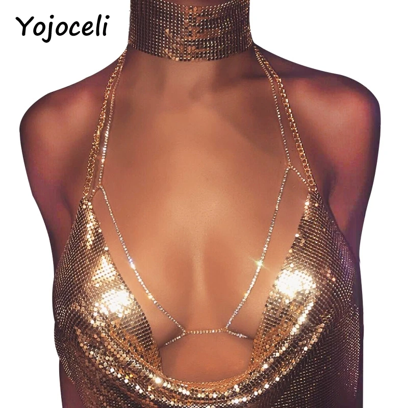 

Yojoceli bling bling sequins cami top Women summer backless beach crop top deep v neck cami strap top