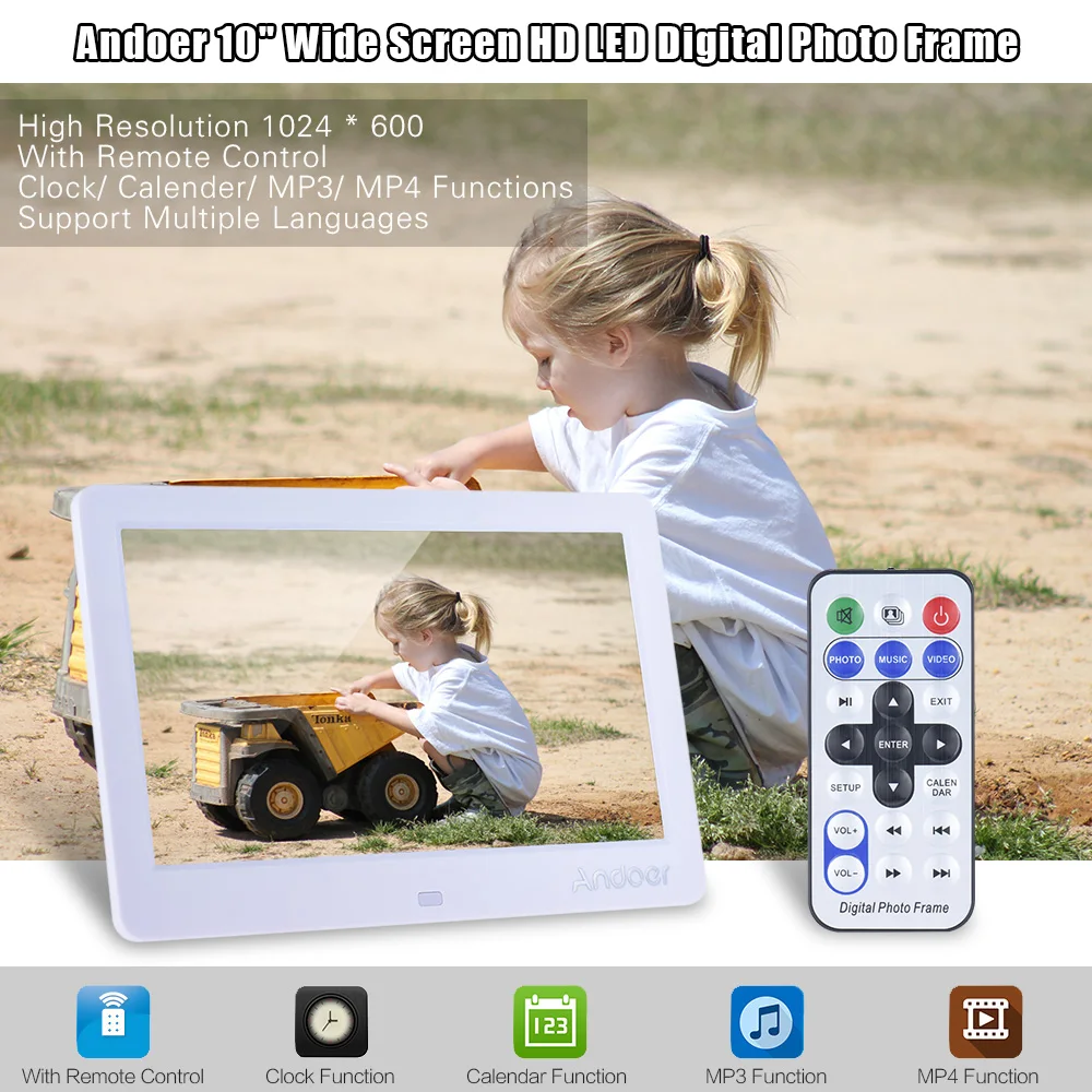 Andoer 1" HD светодиодный цифровой фоторамка 1280*600 электронное изображение рамки часы Календарь MP3 MP4 видеоплеер с пультом дистанционного управления