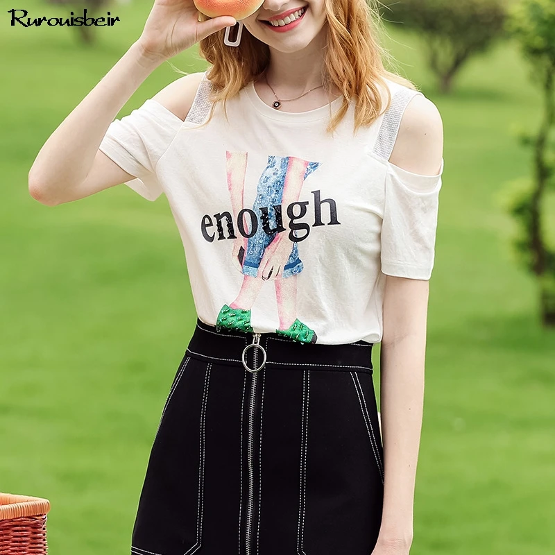 

Vogue Off The Shoulder Short Sleeve Tops Handmade Beaded Print T Shirt For Women Loose Oversized Tshirt Women Korean Clothes