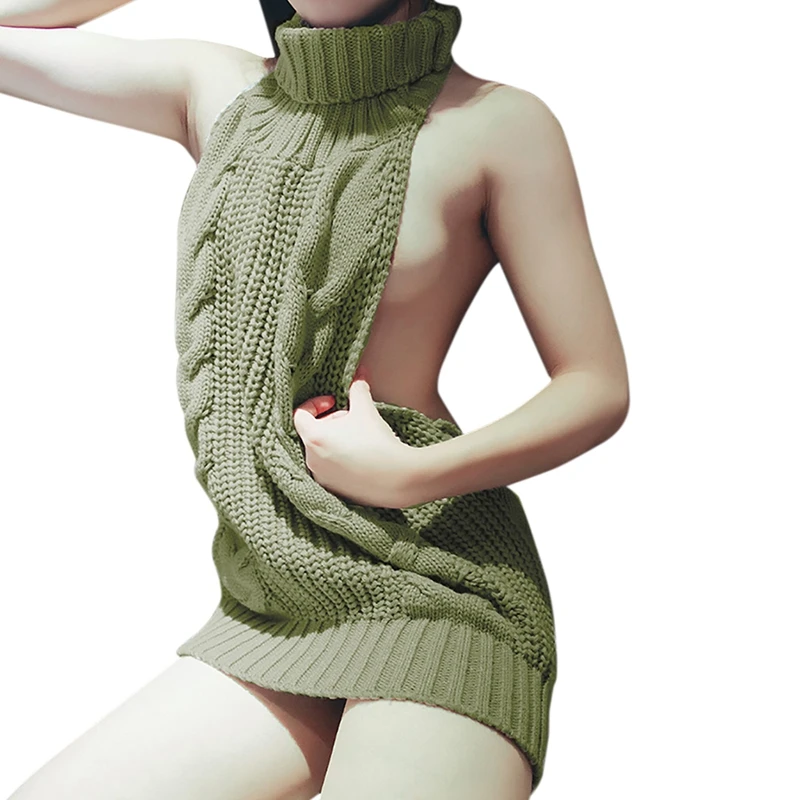 Японский сексуальный длинный свитер с открытой спиной, водолазка, без рукавов, на шнуровке, женский джемпер, пуловер, жилет, 5 цветов