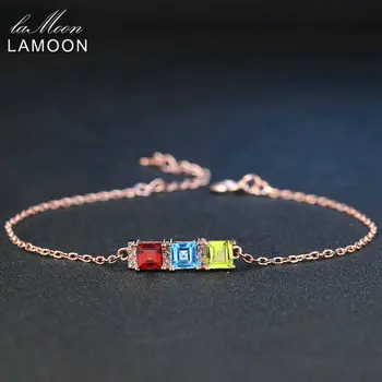 

LAMOON 4mm Natural Green Peridot Bule Topaz Red Garnet 925 Sterling Silver Jewelry S925 Charm Bracelet LMHI020