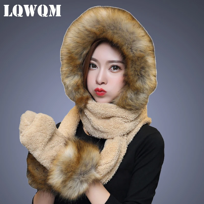 LQWQM 2017 Faux Fur Fox Women Winter Hats Scarf Hat Glove Sets Hat Warm thicken Gloves Scarves