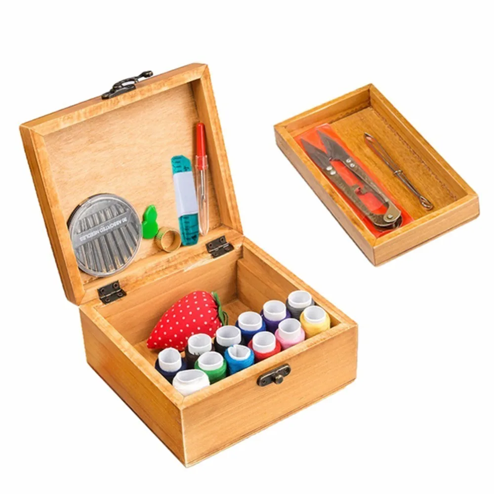 

Wood Box Sewing Kit Needle Tape Scissor Multifunction Threads Sewing Tools Accessory Sewing Kits Home Travelling With Wholesale
