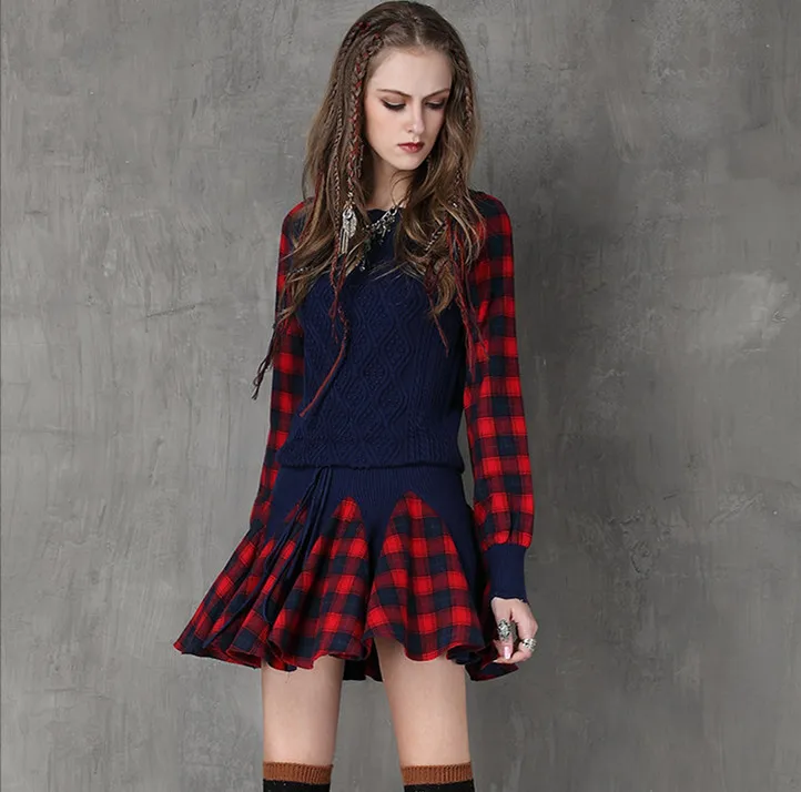 Best Price Winter Dress 2017 SIPAIYA Brand Women's Clothing New Style Stitching Sweater Pleated Dress Retro Flouncing Plaid Mini Dress