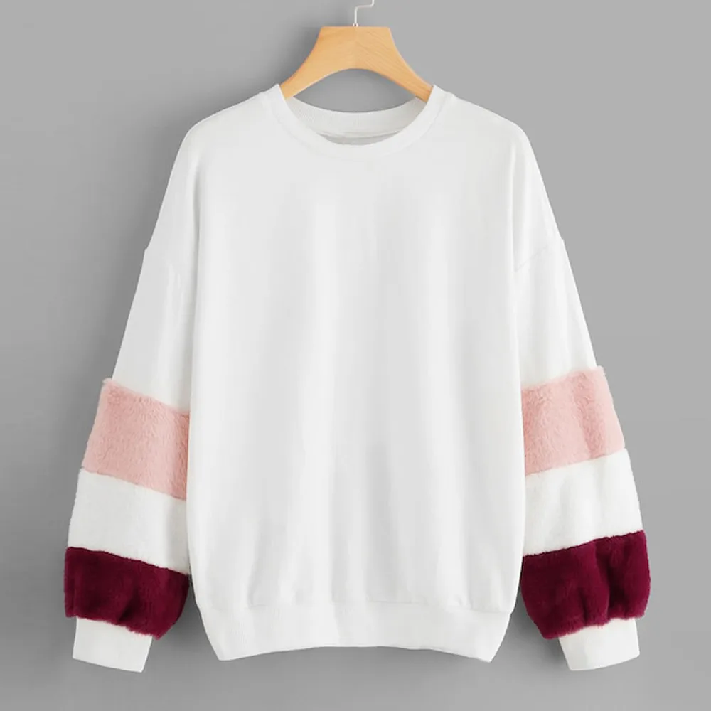 

2019 Fashion hoodie sweatshirt Womens Long Sleeve Faux Fur Embellished O-Neck Sweatshirt Pullover Tops Blouse moletom feminino