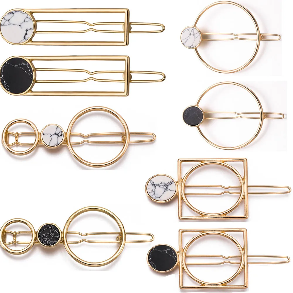 

2019 Retro Fashion Women Girls Metal Circle Square Hair Clips Natural Stone Hairpins Barrettes Wedding Hair Clip Accessories