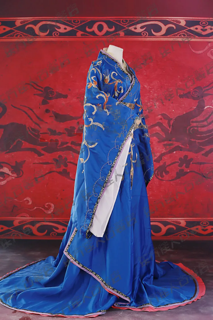 Дизайн Театральный Костюм нежная вышивка Hanfu The Holy Guiguzi темно-синий женский костюм династии Хань с длинным хвостом