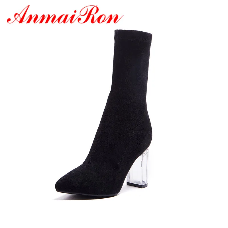 

ANMAIRON Female shoes Cow Suede Thick Heel Ankle Boots Fashion Zipper Pointed Toe Women Fall Winter Black boots Bootie CR1003