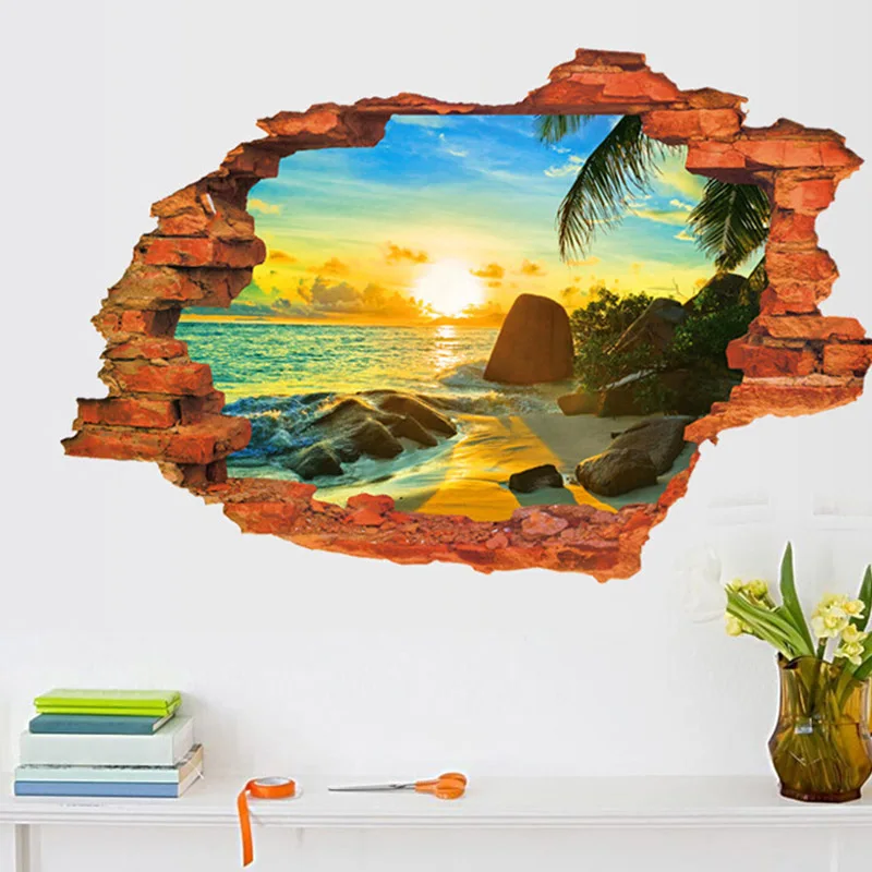 

3D Broken Wall Sunset Scenery Wallpaper Ocean Beach Coconut Tree Poster Removable Seascape Wall Sticker for Kids Room Home Decor