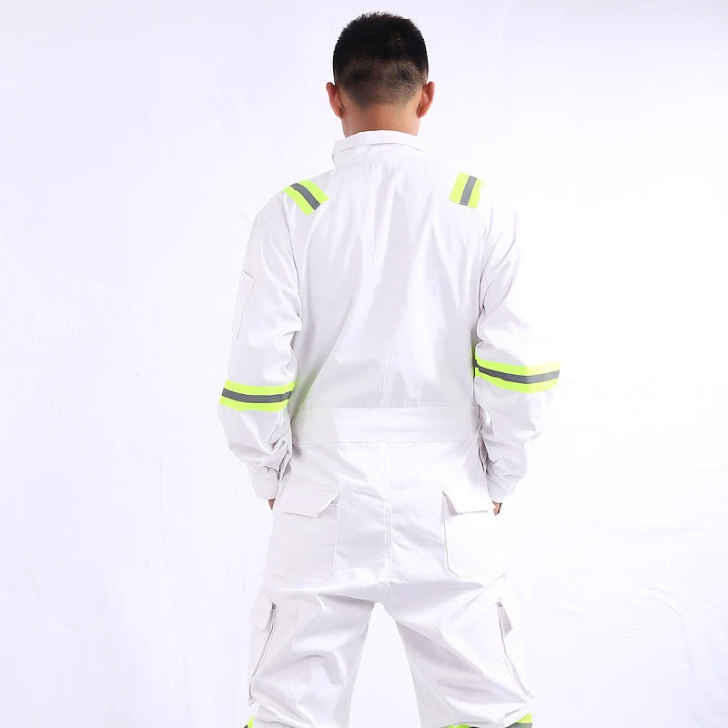 Цельный защитный комбинезон с длинными рукавами, хлопок, светоотражающая рабочая одежда, Антистатическая одежда для авторемонта, сетка для угольного шахтера - Цвет: White