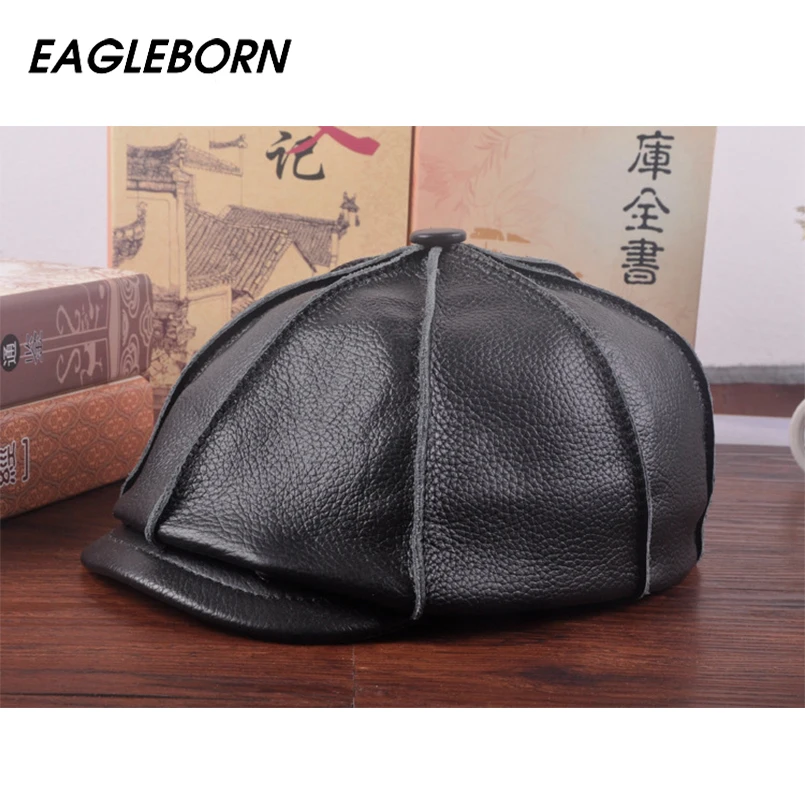 

EAGLEBORN 2019 Autumn Winter Men's Leather Caps Men Women Octagonal Cap Gatsby Beret Hats Vintage Cabbie Flat Cap Newsboy Cap
