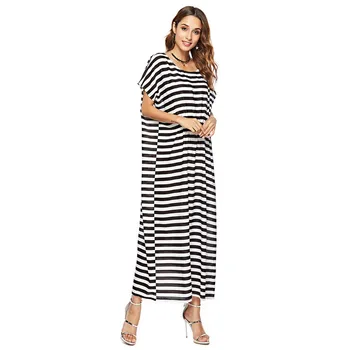 

Nightgown Long Nightdress Short Sleeve Nightwear Casual Homewear Dress Strip Sleepwear Muslim Middle East Abaya Plus Size Nighty