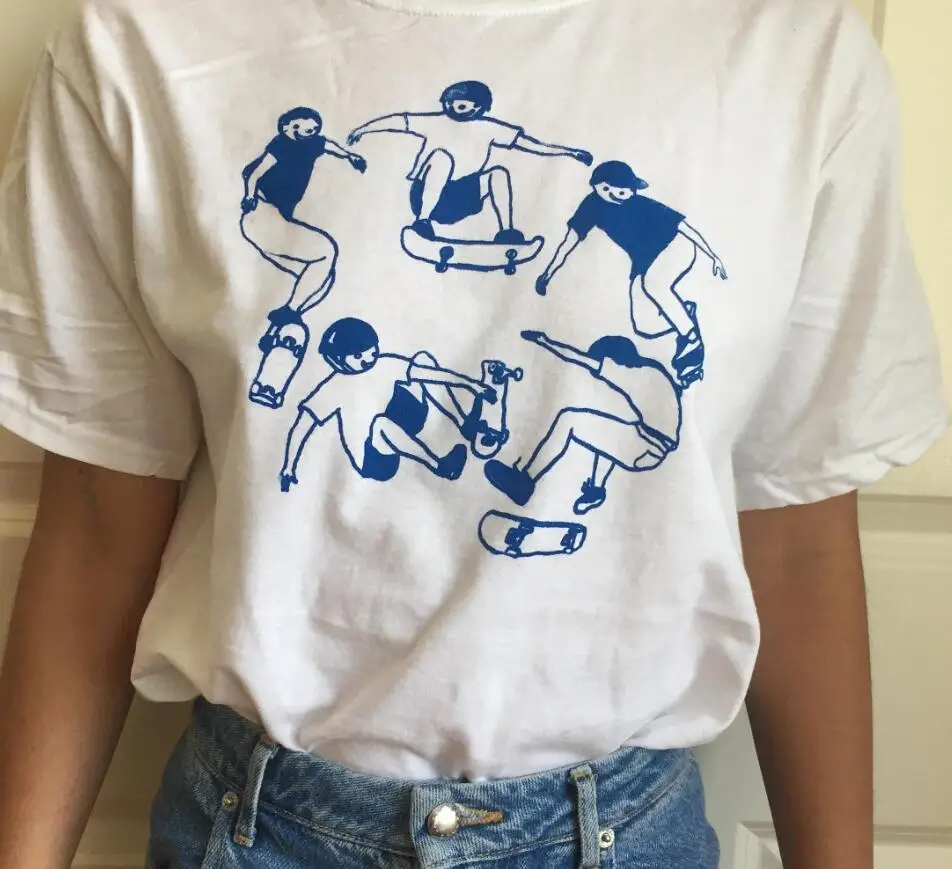 CalelinKa 유니섹스 여름 스케이터 Dudes 댄싱 레트로 여름 반팔 화이트 코튼 소프트 티셔츠 하라주쿠 인 패션 티셔츠