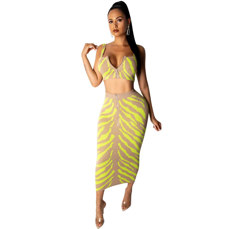 

Sexy Two Piece Set Club Outfits Zebra Print Zipper Crop Top and High Waisted Midi Skirt Set Bodycon 2 Piece Dress Matching Sets