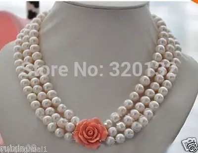 

Wholesale Natural 3strands 8-9mm white round freshwater pearl necklace 17-19"inch Unusual Fine Bridal Silver hook Free Shipping