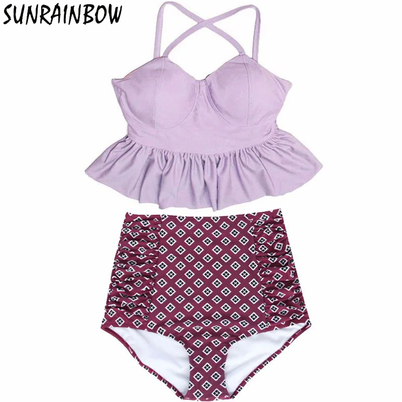 

SUNRAINBOW 2019 Newest High Waist Swimsuit Push Up Bikini Set Women Swimwear Female Halter Top Beach Wear Bathing Suits Dress XL