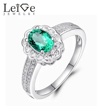 

Leige Jewelry Emerald Ring Green Oval Cut Halo Gemstone 925 Sterling Silver Rings for Women Classic Wedding Anniversary Gift