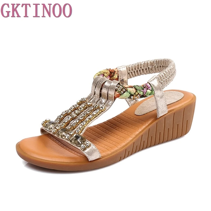 

New 2018 summer shoes women genuine leather casual wedges shoes sandals Rhinestone women sandals for women