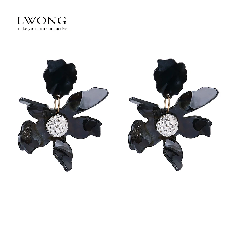 

LWONG 3 Colors Big Flower Clip On Earrings Rhinestone Resin Large Earrings Non Pierced Earrings Statement Jewelry Wholesale