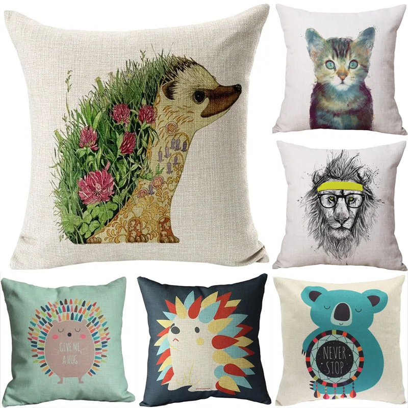 Animal Cushion Cover Hedgehog Fox Cotton Linen Chair Seat Decorative Pillow Cover 45x45cm ...