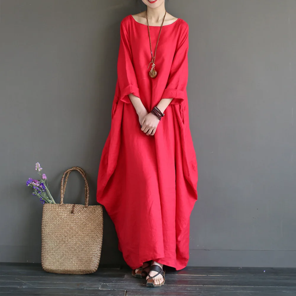 Винтажное хлопковое льняное платье макси, женское однотонное платье с круглым вырезом и длинным рукавом большого размера плюс, женское осеннее платье Vestidos Sukienki - Цвет: Красный