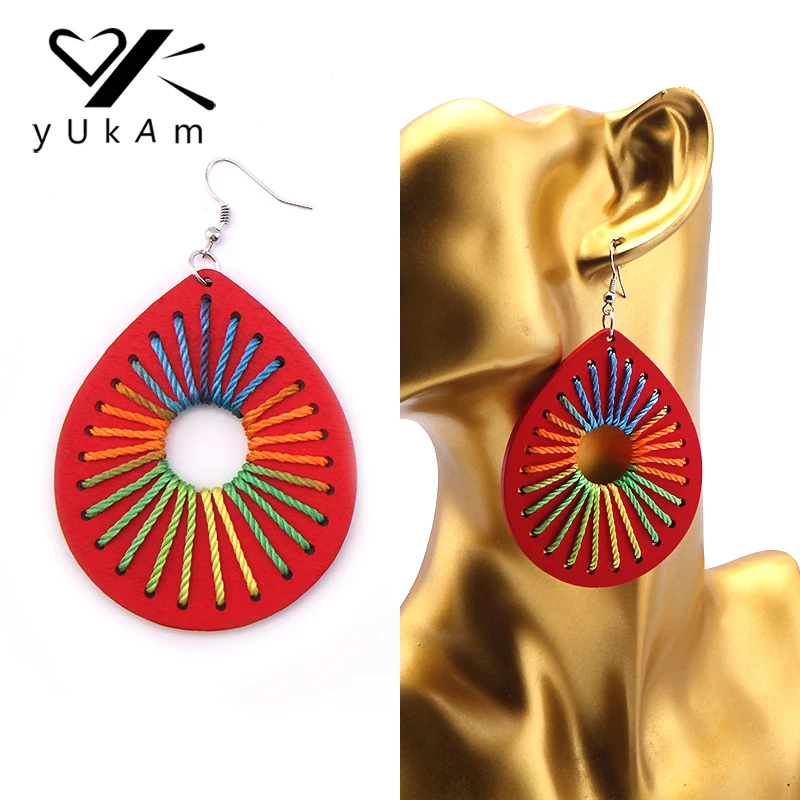 

YUKAM Boho Large Dangle Water Drop Hollow Wooden Earrings Female Statement Rainbow Color Wood Carved Earrings for Women Jewelry