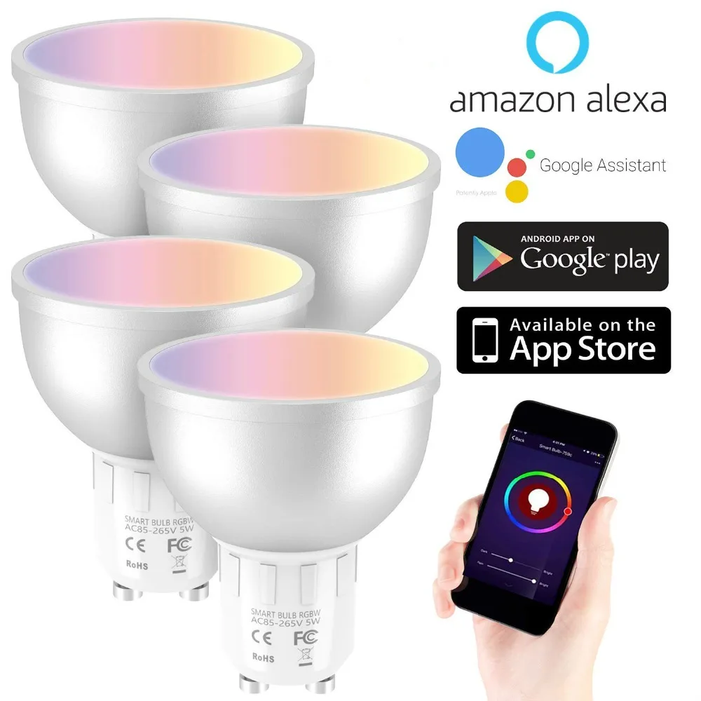 

Smart Bulb WiFi GU10 RGBW 5W Led Dimmable Compatible with Alexa & Google Home Remote Control by Smartphone Tablet 50W Equivalent