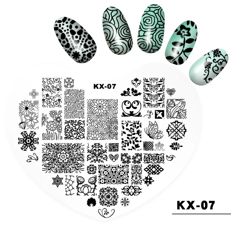 1 шт. пластиковые штамповки в форме сердца для ногтей 10 дизайн с цветочным принтом трафарет штамп DIY шаблон для ногтей Передача маникюра - Цвет: KX-07