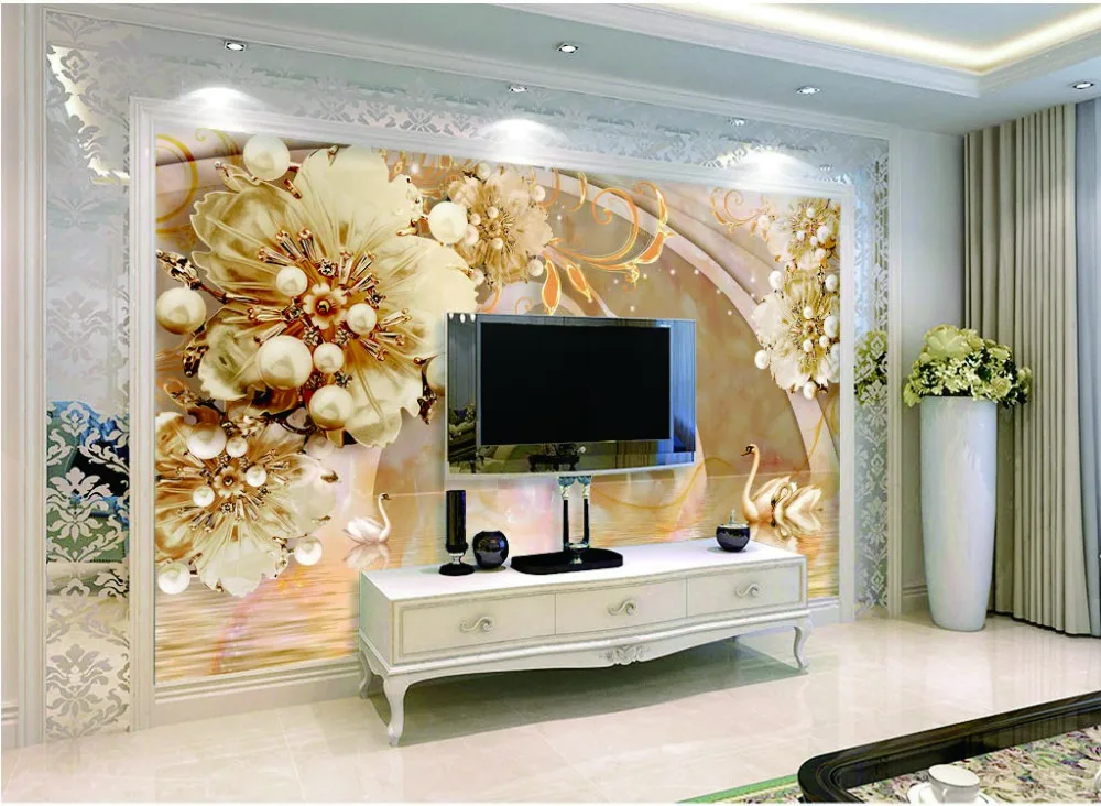 Custom 3d Mural Wallpaper Transparent Flower Swan Lake Jewelry TV Background Wall Painting Wallpaper