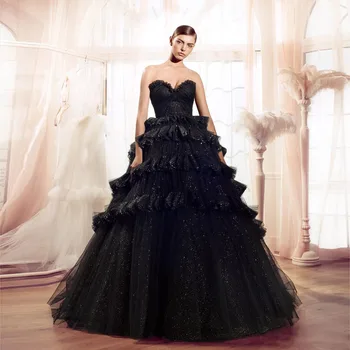 

Amazing Black Prom Gowns 2018 Ball Gown Sequined Off Shoulders Luxury Evening Gowns Tiered Tulle Sweetheart Fashion Party Dress