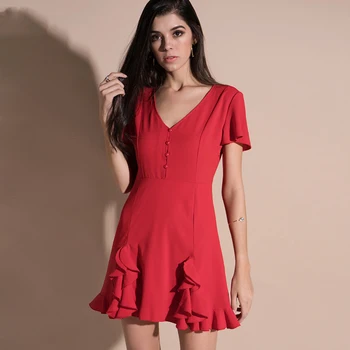 

Women Solid V Neck Ruffles 2019 Dress Pleated Turn Down Collar Long Sleeve Red Dresses Female Vestidos 2019 Spring 5ZC0133