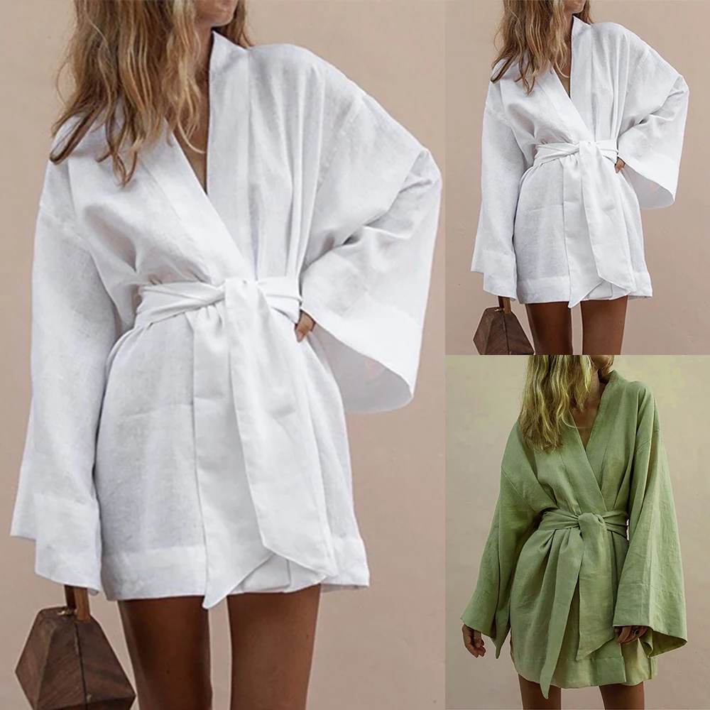

Women V-Neck Kimono Cardigan Mini Dress White Long Sleeve Sashes Lace Up Dress Women 2019 Summer Loose Sexy Dress robe femme