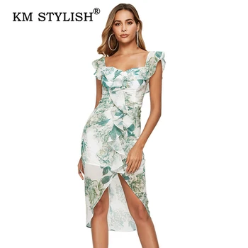 

2019 New Summer Fashion Women Floral Print Chiffon Strapless Off-shoulder Ruffles Slim Sexy Casual Dress