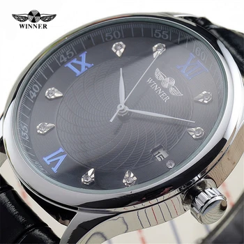 

Winner Brand Business Watch Men Blue Roman Diamond Mechanical Automatic Watches Male Auto Date Leather Band Wristwatches