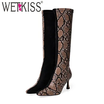 

WETKISS Knee High Boots Women Sexy Snake Skin Boots Square Toe Shoes Female Party High Heels Shoes Ladies Winter Plus Size 43