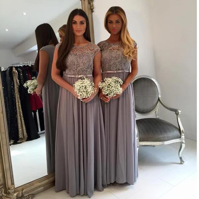 2016 Elegant Long Grey Bridesmaids Dresses Jewel Neck Capped Sleeves A-line Floor-length Chiffon Maid of Honor Dress Plus Size Formal Gowns