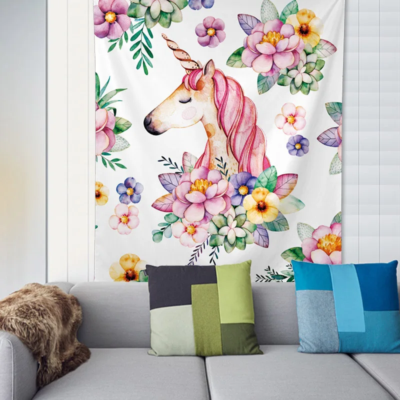 

Lannidaa Cartoon Pink Unicorn Tapestry Wall Hanging For Children Room Home Decor Beauty Flower Bohemian Decorative Wall Tapestry