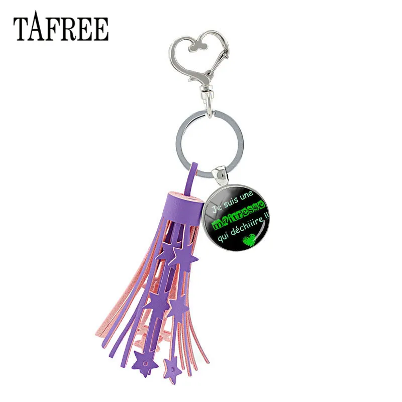 

TAFREE Purple Tassel Heart Clasp Clip Keychain JE Suis une Maitresse Qui Dechire Key Ring Holder For French Teachers' Gift JE12