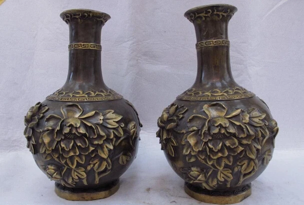 

S0832 12.5 Chinese Old Copper Bronze Wealth Rich flowers Bottle Pot Vase statue Pair D0318