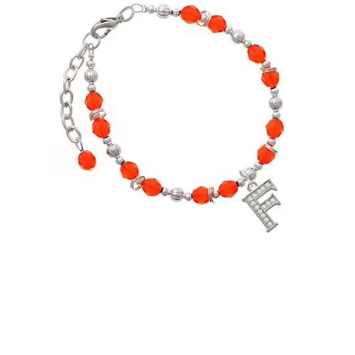 Silvertone Crystal Initial - F - Orange Beaded Bracelet