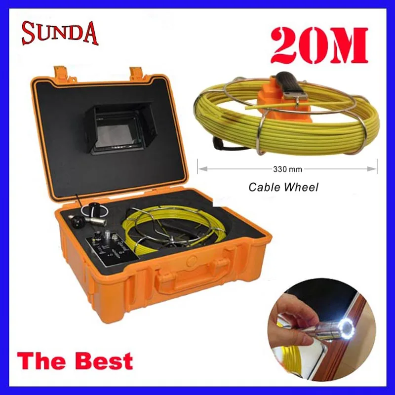 

20meter wire fiberglass rod with 7inch TFT LCD monitor ABS yellow box DC12V 12pcs led lights drain pipe inspection camera system