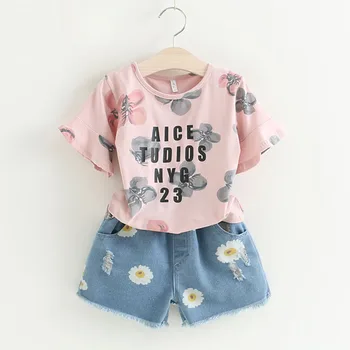 

Clothing Sets 2019 girls clothing new letter flower pattern short sleeve + denim shorts girls outfits