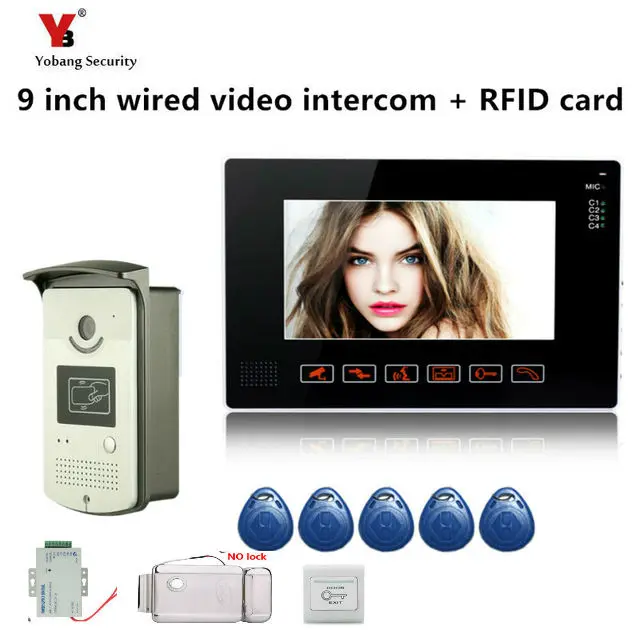 

Yobang Security freeship 9" Video Intercom Door Phone System With 1 black Monitor 5pcs RFID RFID Access System Doorbell Camera
