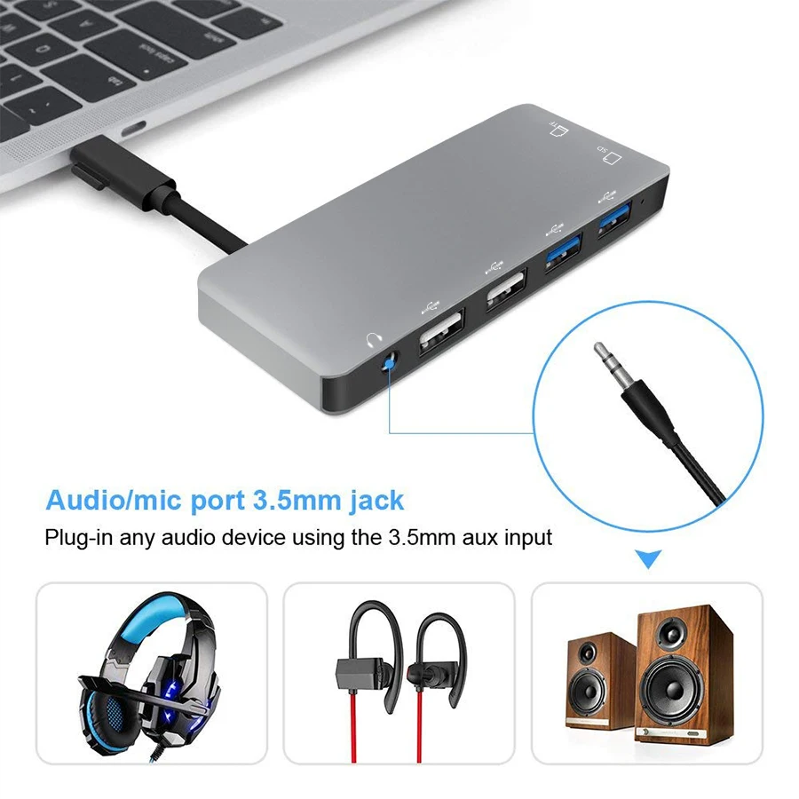 7 в 1 USB-C 2,0*2 тип-c концентратор порт 4K к USB 3,0*2 для Lightning аудио/Mic порт 3,5 мм разъем адаптер с SD/TF концентратор-картридер