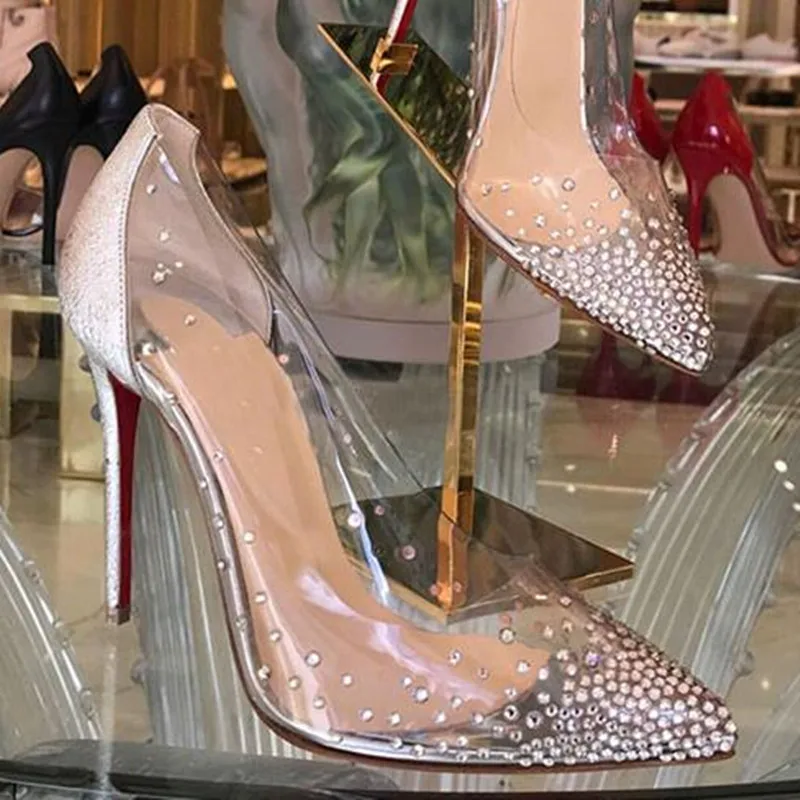 plexi ясно ПВХ Кристалл обтянутый Обувь на высоком каблуке туфли на шпильках знаменитости стилей с острым носком платье Вечерние женская обувь роскошные - Цвет: silver